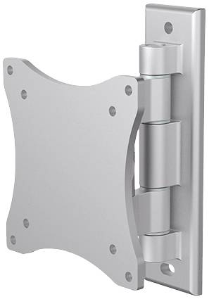Metallscharnier für Bildschirmhalterung, silberfarben, mit rechteckiger Basis und vier Befestigungslöchern auf beiden Seiten.