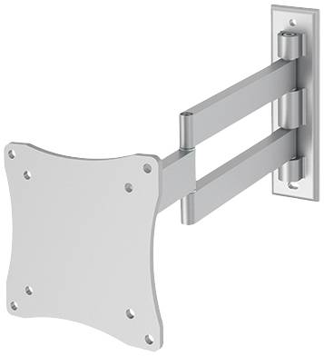 Wandhalterung für Fernseher, verstellbar, silberfarben, mit Gelenkarm zur Anpassung des Bildschirmwinkels.