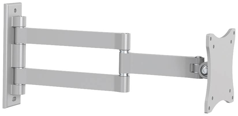 Graue, wandmontierte Monitorhalterung mit schwenkbarem und kippbarem Arm. Geeignet für variablen Bildschirmabstand und Neigung.