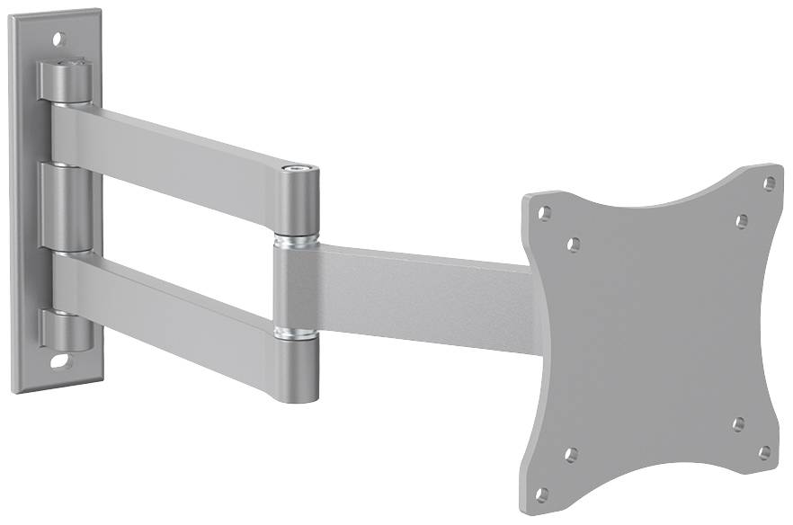 Ein grauer TV-Wandhalter mit einem drehbaren Arm und einer rechteckigen Befestigungsplatte.