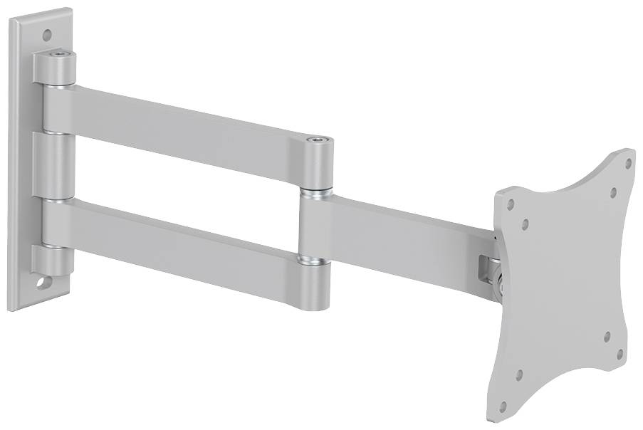 Ein verstellbarer, silberner Wandhalterarm für Monitore. Der Arm hat mehrere Gelenke, um den Bildschirm in verschiedenen Winkeln zu positionieren.