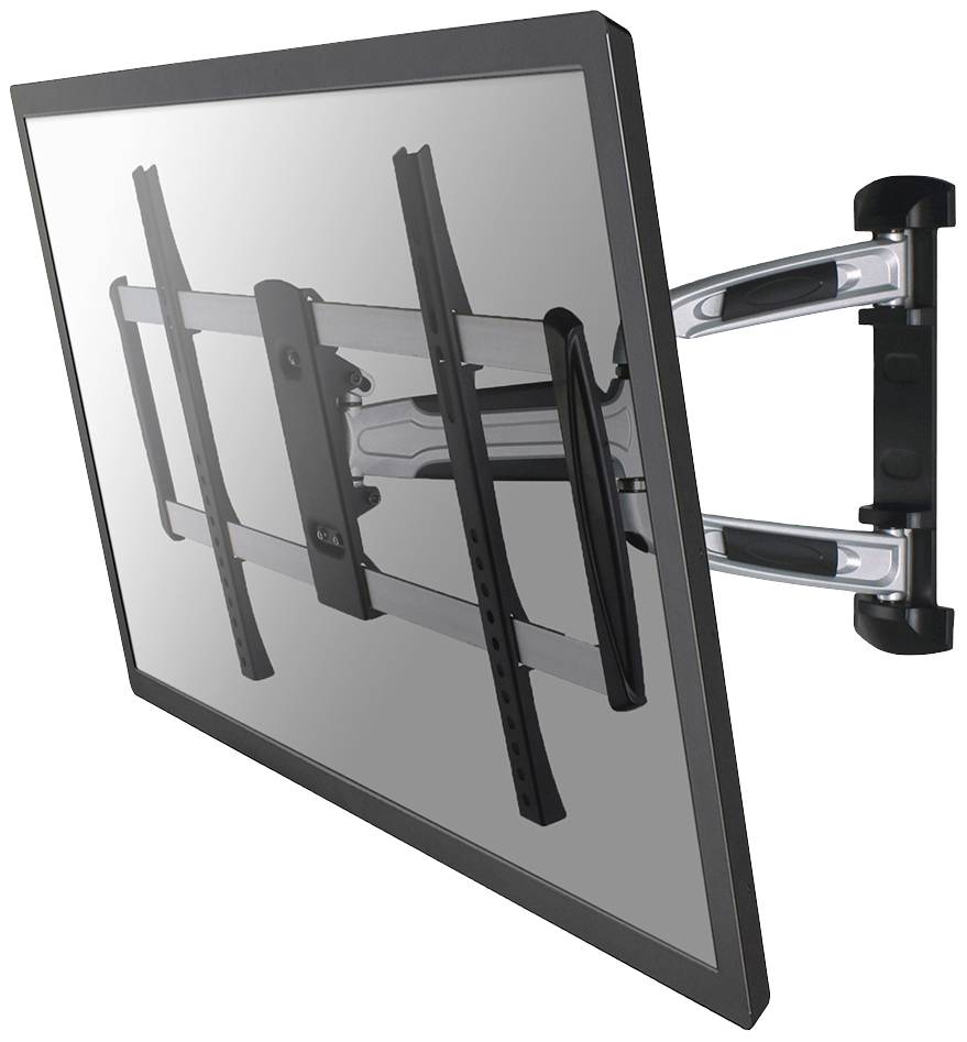 Flachbildfernseher an einer schwenkbaren Wandhalterung montiert, zeigt flexiblen Neigungswinkel. Ideal für variablen Betrachtungswinkel.