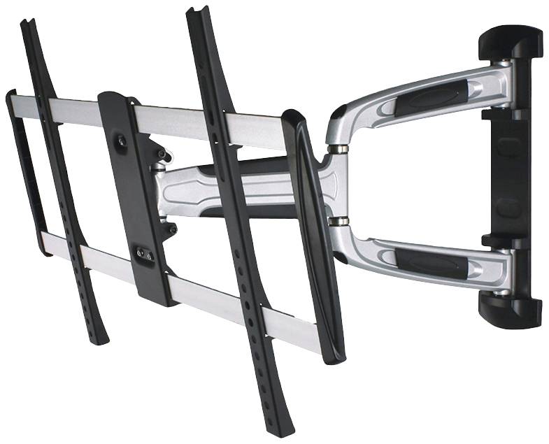 TV-Wandhalterung mit schwenkbarem Arm und verstellbaren Halterungen, geeignet für Flachbildfernseher, in silberner und schwarzer Farbe.