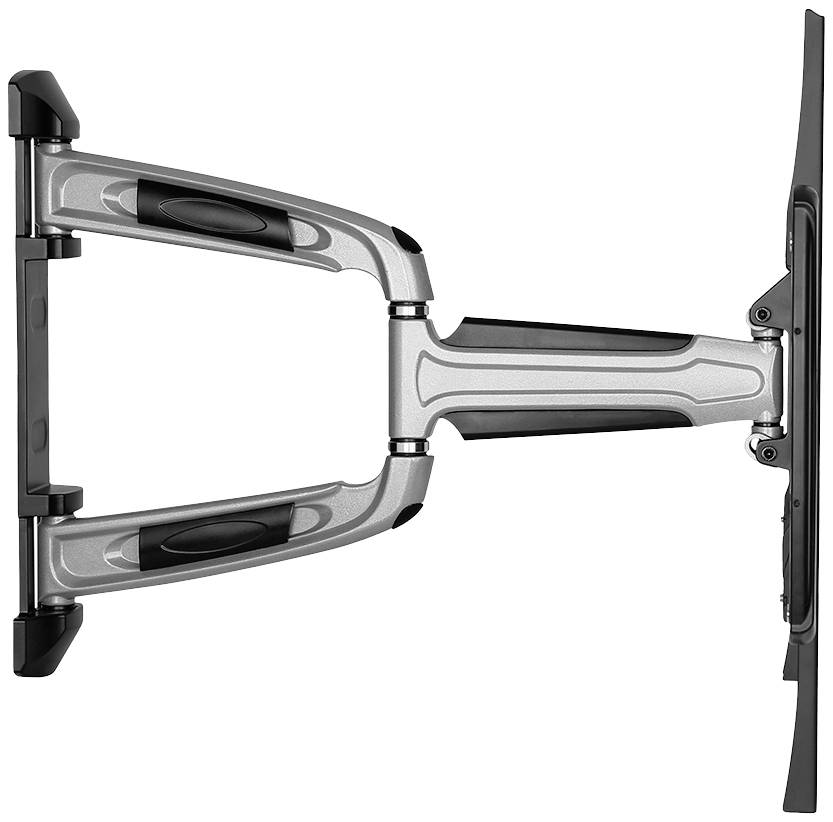 Ein silberner TV-Wandhalterung mit schwenkbarem Arm aus Metall, ideal zur flexiblen Positionierung von Fernsehern an der Wand.