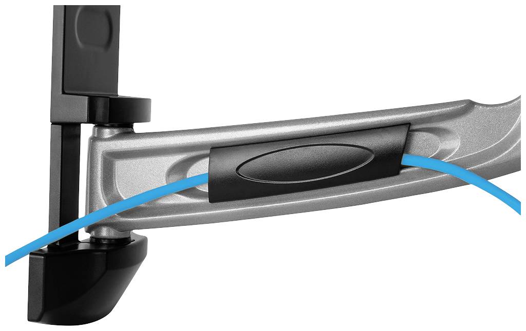 Ein schwarzer und silberner Türstopper mit blauem Kabel, der offen ist und ermöglicht, dass eine Tür in Position gehalten wird.