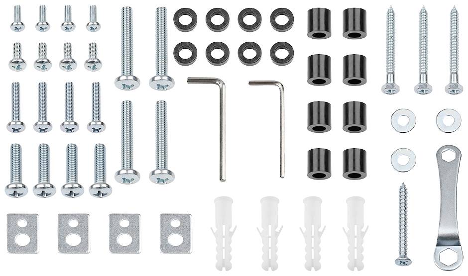 Ein Set von Befestigungselementen, bestehend aus Schrauben, Dübeln, Unterlegscheiben und Inbusschlüsseln, angeordnet auf weißem Hintergrund.