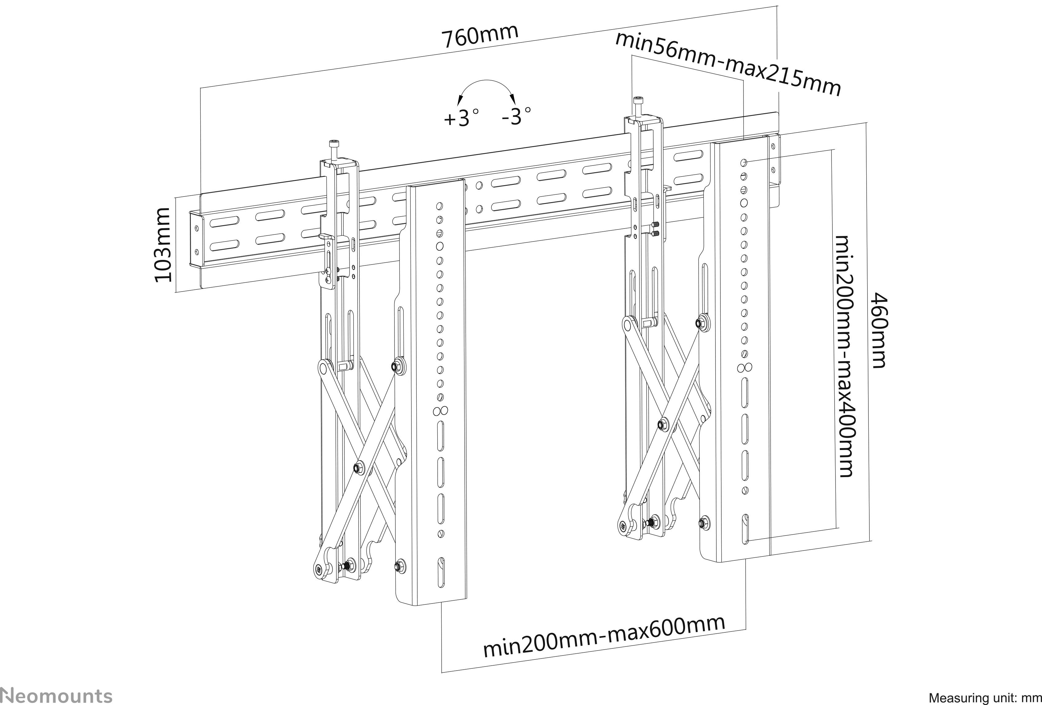 Wandhalterung für Bildschirmmontage, verstellbar. Breite 760mm, Höhe 460mm, Tiefe 56-215mm. Neigungswinkel ±3 Grad, VESA-kompatibel.