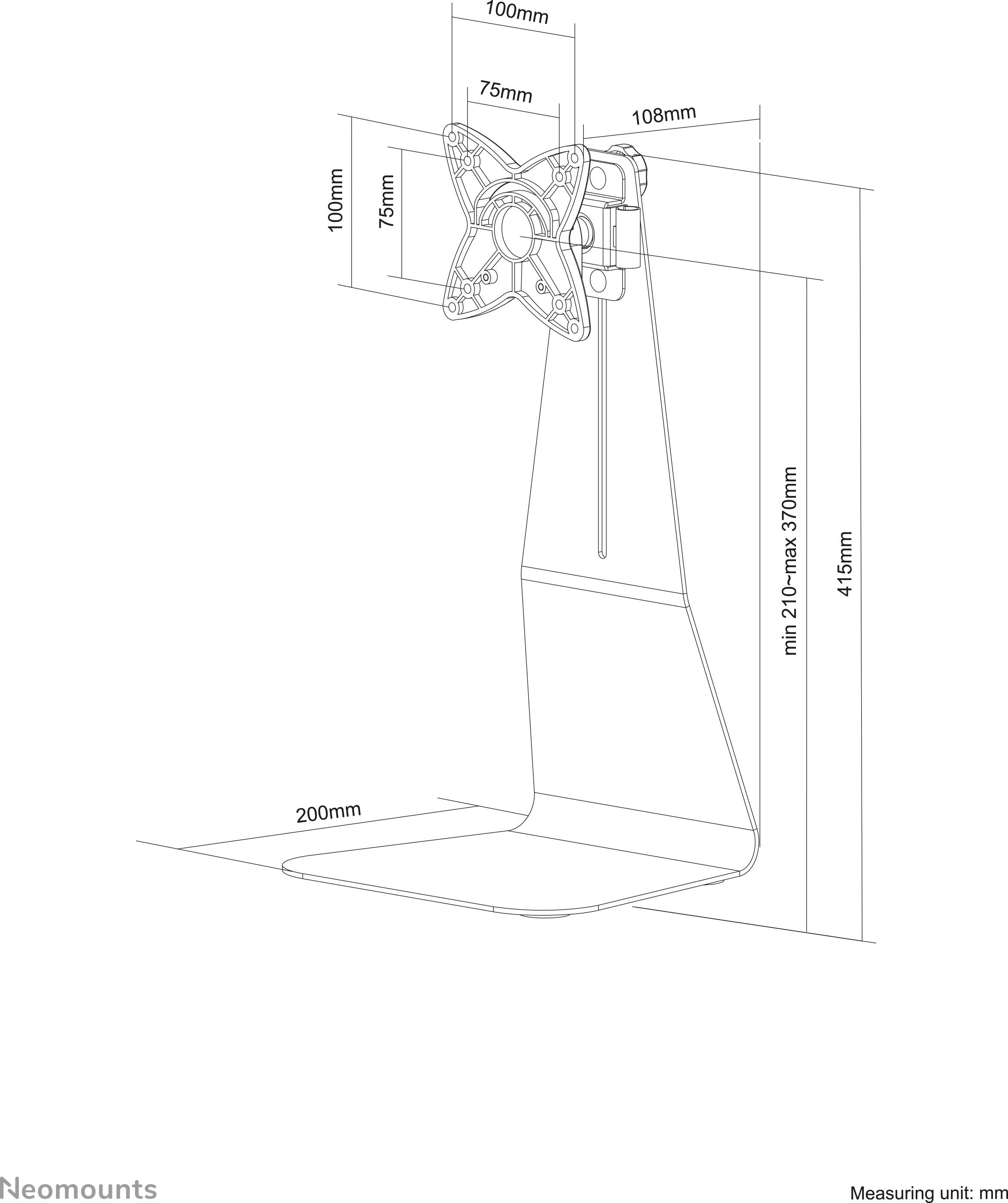 Technische Zeichnung einer Halterung mit Maßen. Hauptabmessungen: Höhe 415 mm, Breite 75 mm, Tiefe 200 mm. Geeignet für Bildschirmmontage.