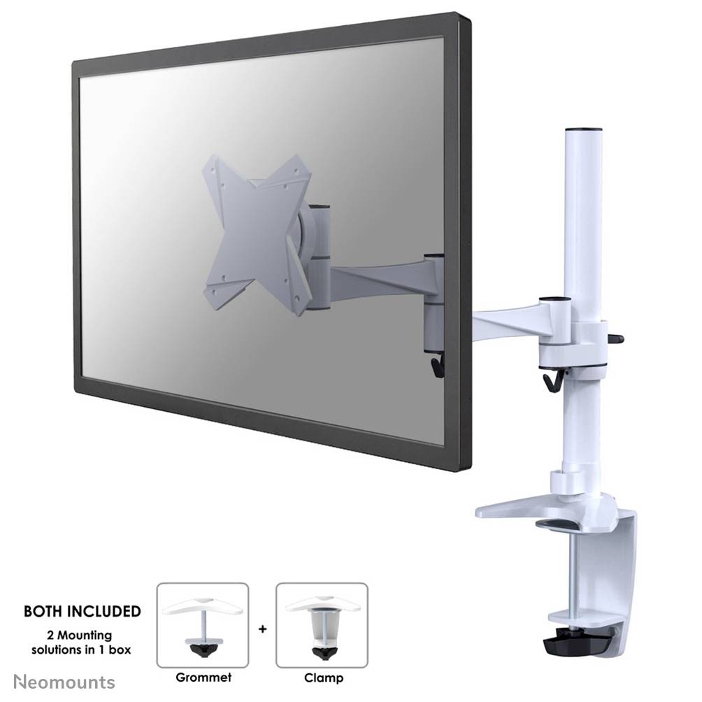 Ein Monitor ist an einem höhenverstellbaren Schwenkarm zur Tischmontage befestigt. Unten sind zwei Montagemöglichkeiten abgebildet.