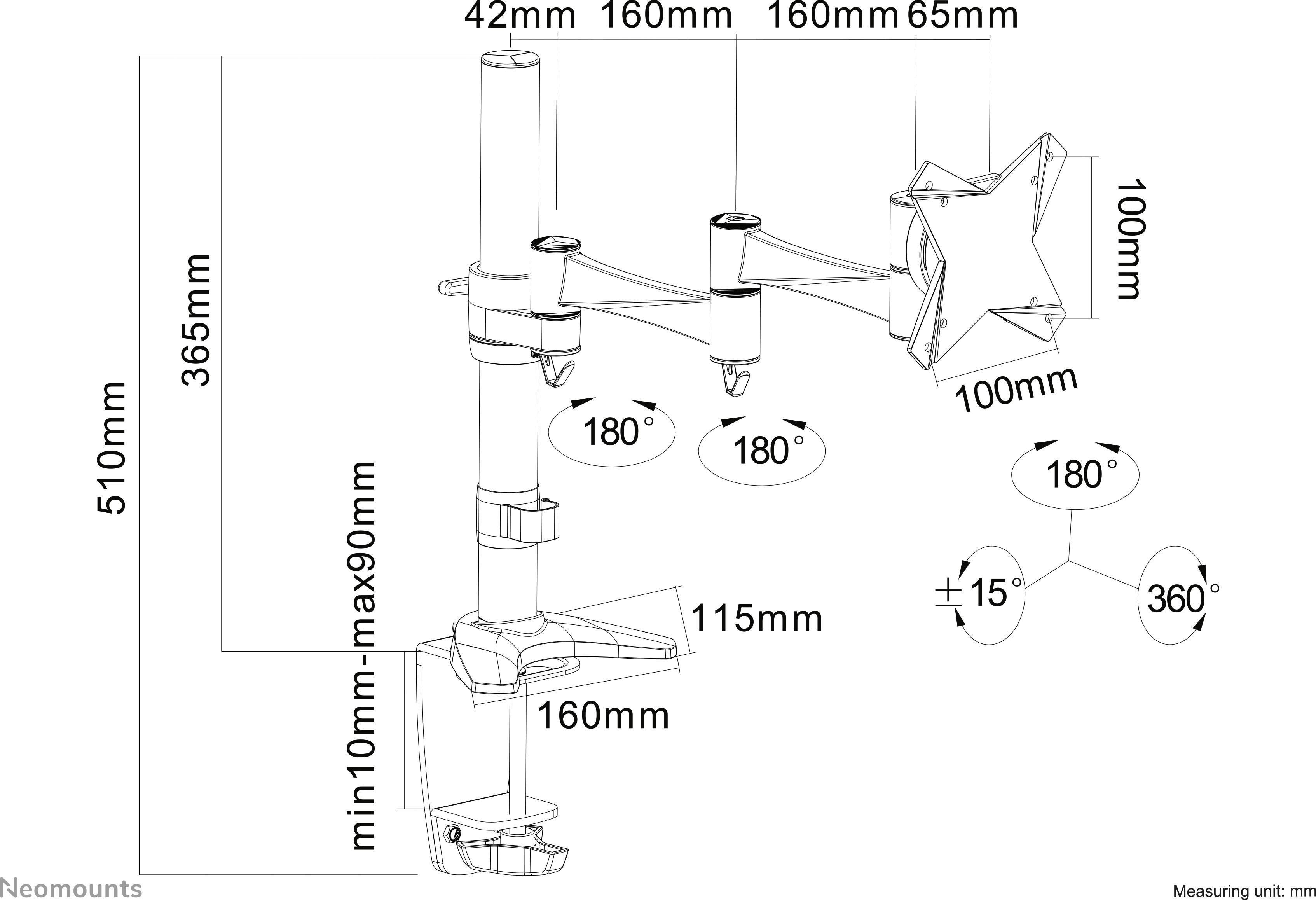 Technische Zeichnung eines Monitorarms mit Maßen: Höhe 510 mm, Tiefe 160 mm, verschiedene Neigungswinkel bis 180 Grad.