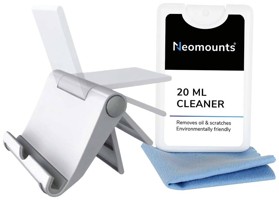 Neomounts 20-ML-Reiniger mit Tuch und Ständer. Entfernt Öl und Kratzer, umweltfreundlich.