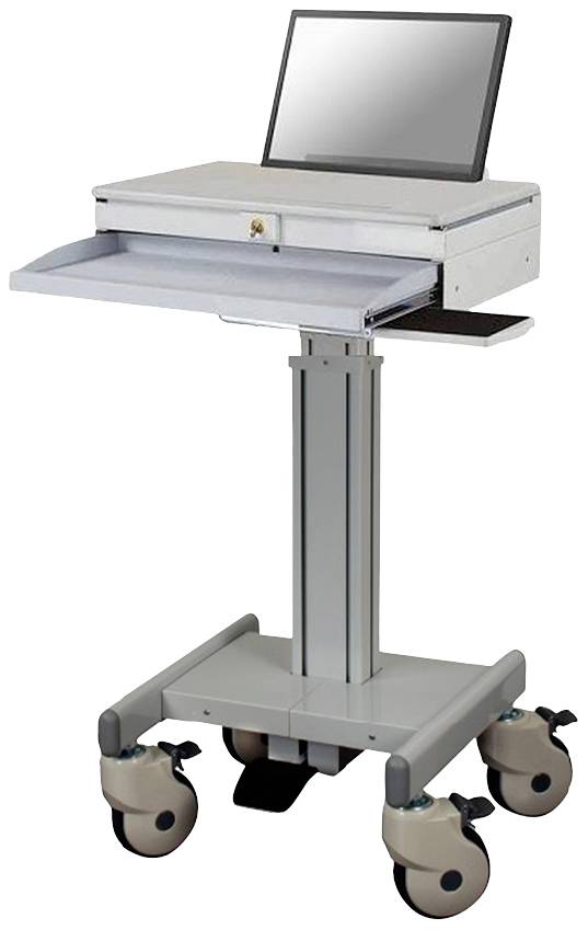 Ein mobiler Computertisch mit Rollrädern, einer Höhenverstellung und einem Laptophalter. Ideal für flexible Arbeitsumgebungen.