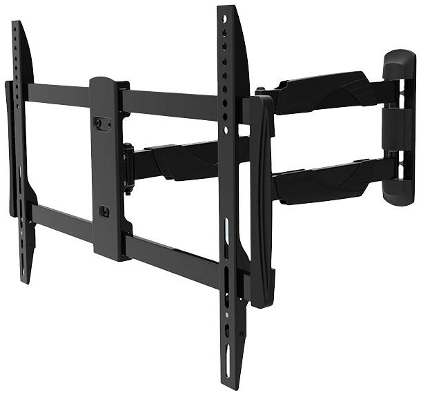 Eine schwarze TV-Wandhalterung aus Metall mit schwenkbarem Arm, die an der Wand befestigt ist. Sie bietet flexible Positionierung des Fernsehers.