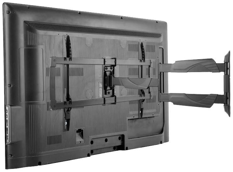Ein TV-Bildschirm von hinten, montiert an einem schwenkbaren Wandhalterungsarm. Die Halterung ermöglicht flexible Positionierung.