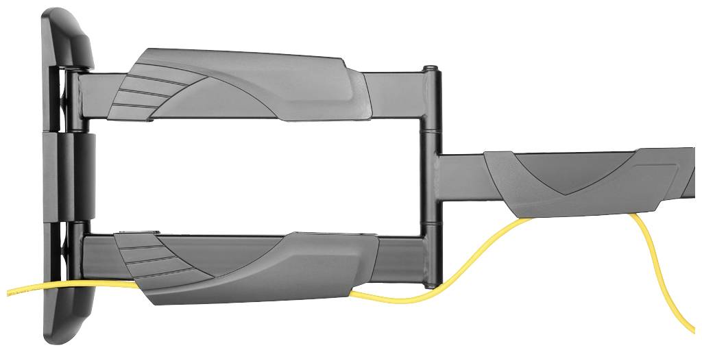 Schwenkbare TV-Wandhalterung in Grau mit Kabelmanagementsystem, geöffnet. Geeignet für die Befestigung an der Wand mit Kabeldurchführung.