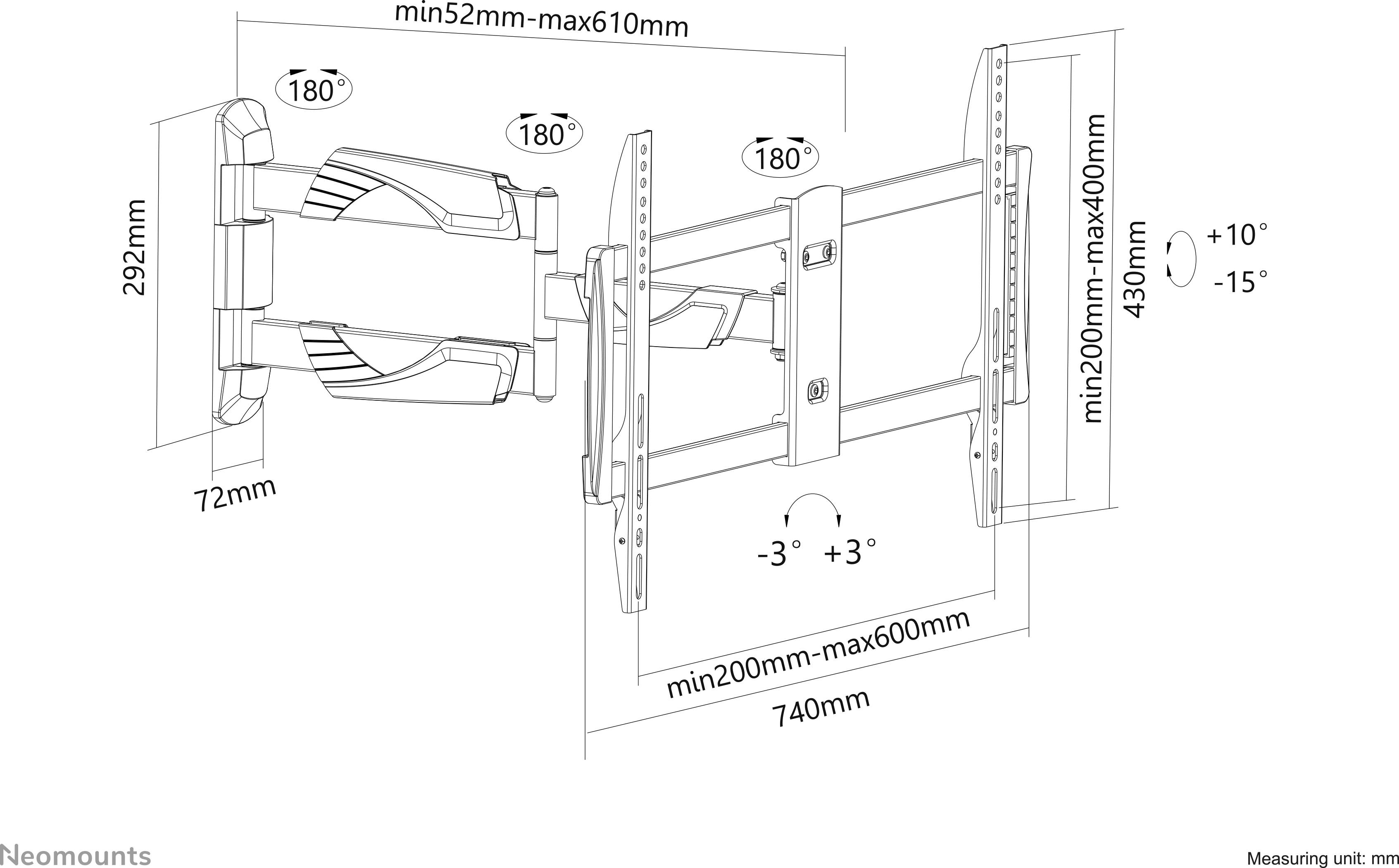 Skizze einer Wandhalterung mit verstellbaren Armen und Neigung. Maße: min 52mm-max 610mm, max 74cm Breite, 43cm Höhe.