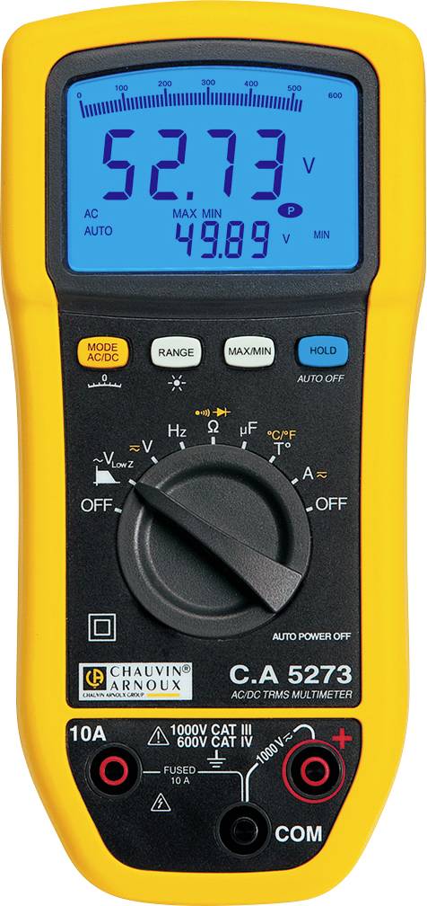 Digitales Multimeter mit blauer Anzeige zeigt '52,73 V'. Mehrere Knöpfe und ein Drehrad zur Steuerung. Markierungen für Messbereiche.