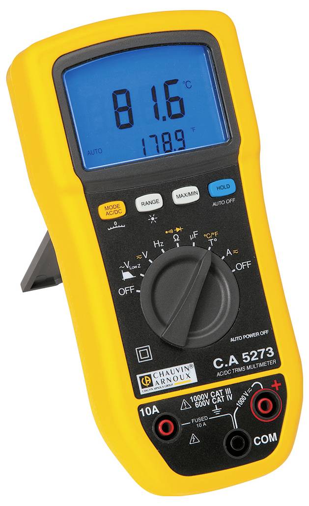 Digitalmultimeter mit gelbem Gehäuse zeigt '81,6°C' auf dem blauen Display. Schalter auf 'OFF'; diverse Knöpfe sind sichtbar.