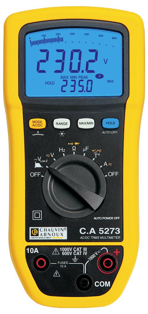 Ein gelbes Digitalmultimeter zeigt einen Messwert von 230,2 Volt an. Es verfügt über verschiedene Tasten für Modi und Einstellungen.