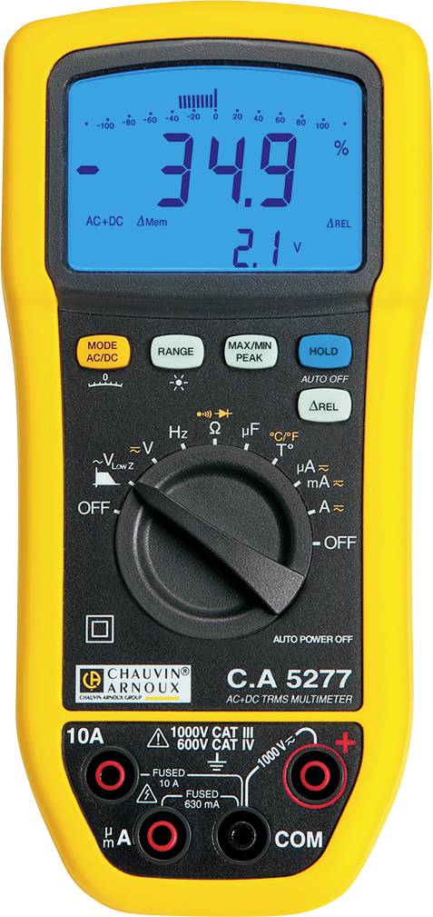 Digital-Multimeter mit gelbem Gehäuse zeigt '34.9' auf blauem Display. Drehschalter in der Mitte, verschiedene Anschlüsse unten.