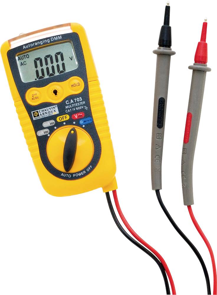 Digitales Multimeter mit gelbem Gehäuse, zeigt '0.00 V' auf dem Display. Zwei Messleitungen, eine schwarze und eine rote, sind angeschlossen.