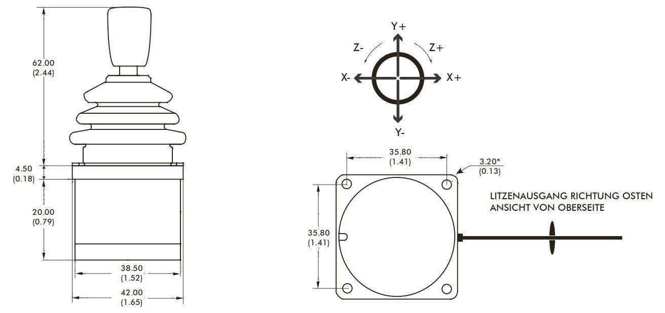 Technische Zeichnung eines Schalters/Bedienelements mit Seiten- und Draufsicht, Maßangaben in cm/Zoll sowie Achsenmarkierung X/Y/Z und Hinweis 'LITZENAUSGANG RICHTUNG OSTEN'.