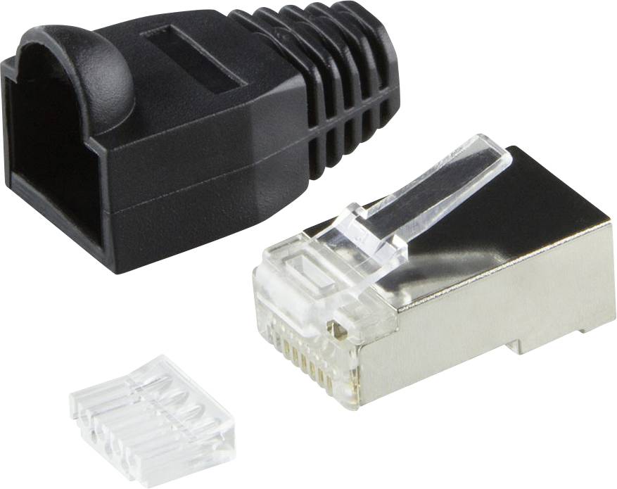 Ethernet cable connector with a black boot, metal housing, and clear plastic clip.