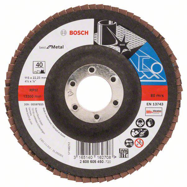 Schleifscheibe mit Bosch-Logo, geeignet für Metallbearbeitung. Durchmesser 115 mm, Umdrehungen 13.300/min, Geschwindigkeit 80 m/s.