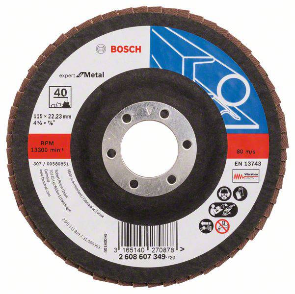 Schleifscheibe mit Bosch-Logo für Metall, Größe 115 mm, maximal 13300 U/min, 80 m/s. Enthält Sicherheitssymbole und Produktinformationen.