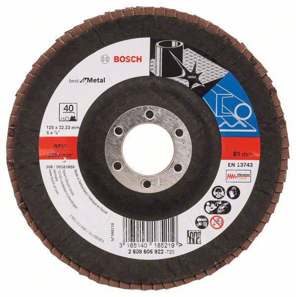 Schleifscheibe von Bosch für Metallbearbeitung, Durchmesser 125 mm, maximal 12.250 U/min, Symbol für Schutzbrille und Handschuhe.
