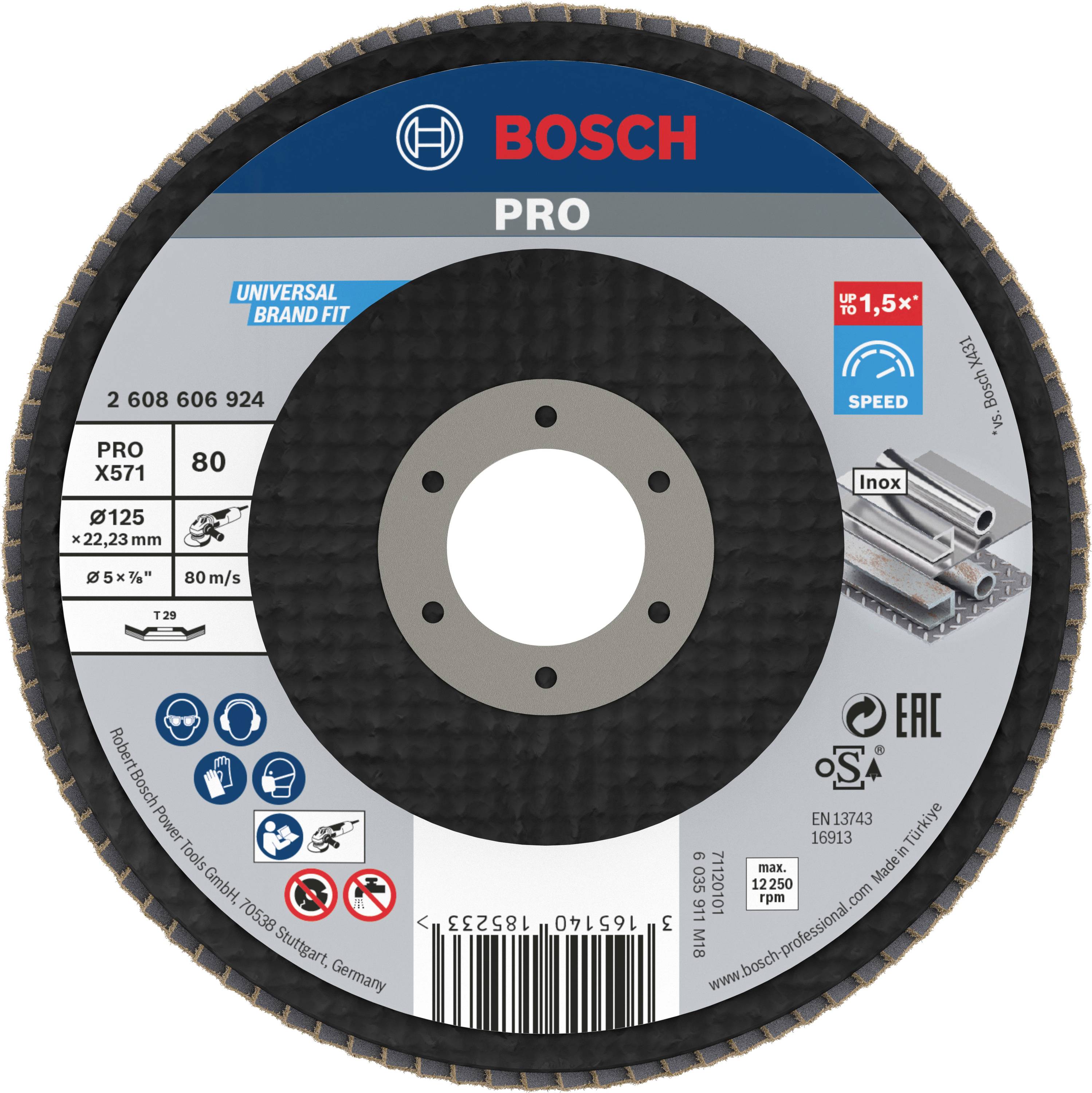 Schleiftrennscheibe der Marke Bosch, Modell PRO, mit Durchmesser 125 mm. Geeignet für Edelstahl. Maximal 80 m/s bei 12.250 U/min.
