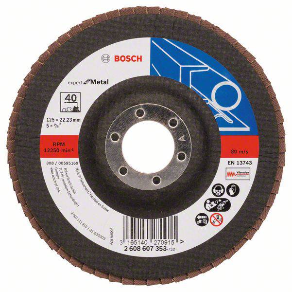 Schleifscheibe von Bosch für Metallbearbeitung, Körnung 40, maximal 12.250 U/min, Modellnummer 2 608 607 353-720.