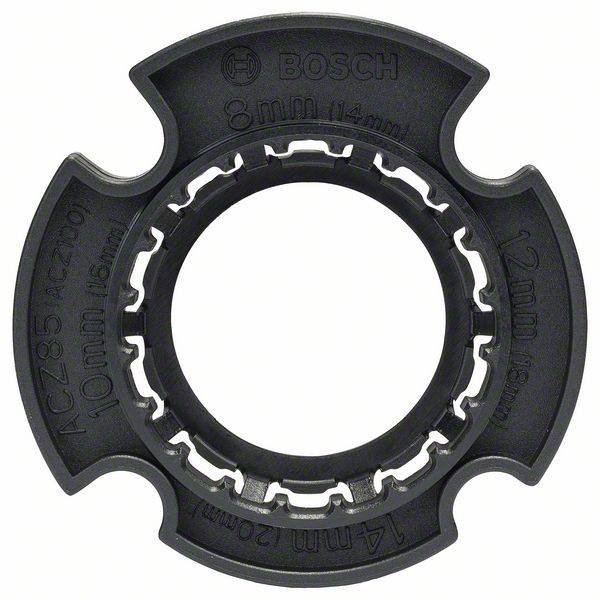 Schwarzes kreisförmiges Werkzeugadapter mit Aufdrucken: 'Bosch', '8mm, 14mm, 10mm, 16mm, 12mm'. Adapter für Werkzeugbefestigung.