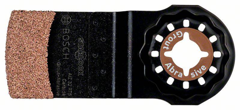 Ein oszillierendes Sägeblatt von Bosch mit grober, kupferfarbener Körnung, geeignet für Schleif- oder Entfernungsarbeiten.