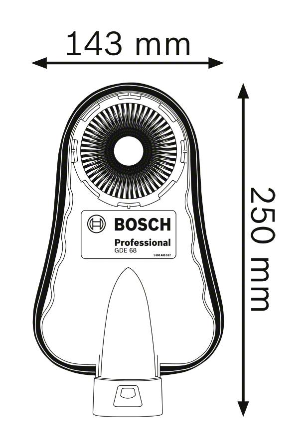 Die Abbildung zeigt einen Bosch Professional GDE 68 Staubabsaugkopf mit den Maßen 143 mm Breite und 250 mm Höhe.
