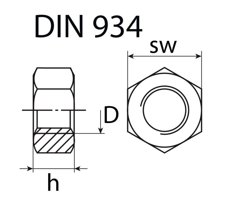 Diagramm einer Mutter mit der Bezeichnung DIN 934, mit den Abmessungen: Höhe (h), Durchmesser (D) und Schlüsselweite (sw).