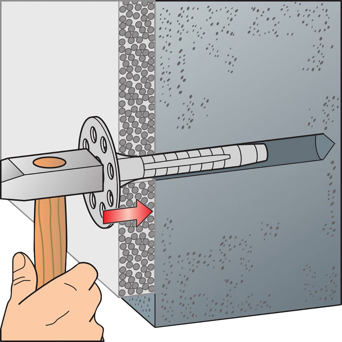 Eine Hand hält einen Hammer, der einen Dübel in eine Betonwand schlägt. Der Dübel ist zur Hälfte in der Wand verankert.