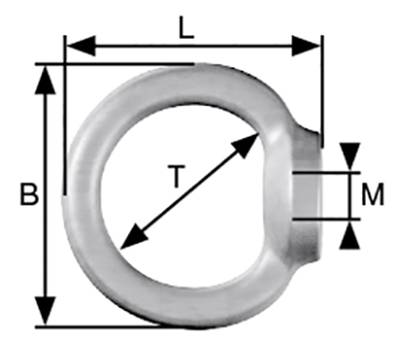 Ringdiagramm mit Maßlinien, zeigt Dimensionen: Höhe (B), Länge (L), Durchmesser (T) und Breite (M) des Rings.