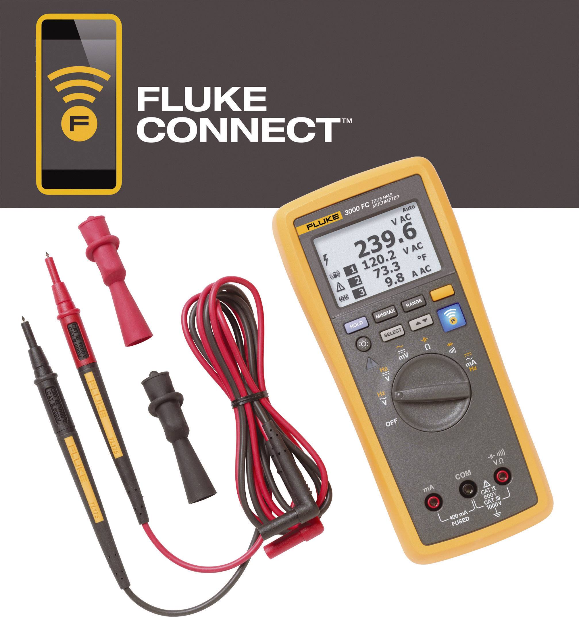Ein Messgerät mit Display zeigt '239,6 V AC', begleitet von roten und schwarzen Messleitungen mit Krokodilklemmen, unter dem Logo 'Fluke Connect'.