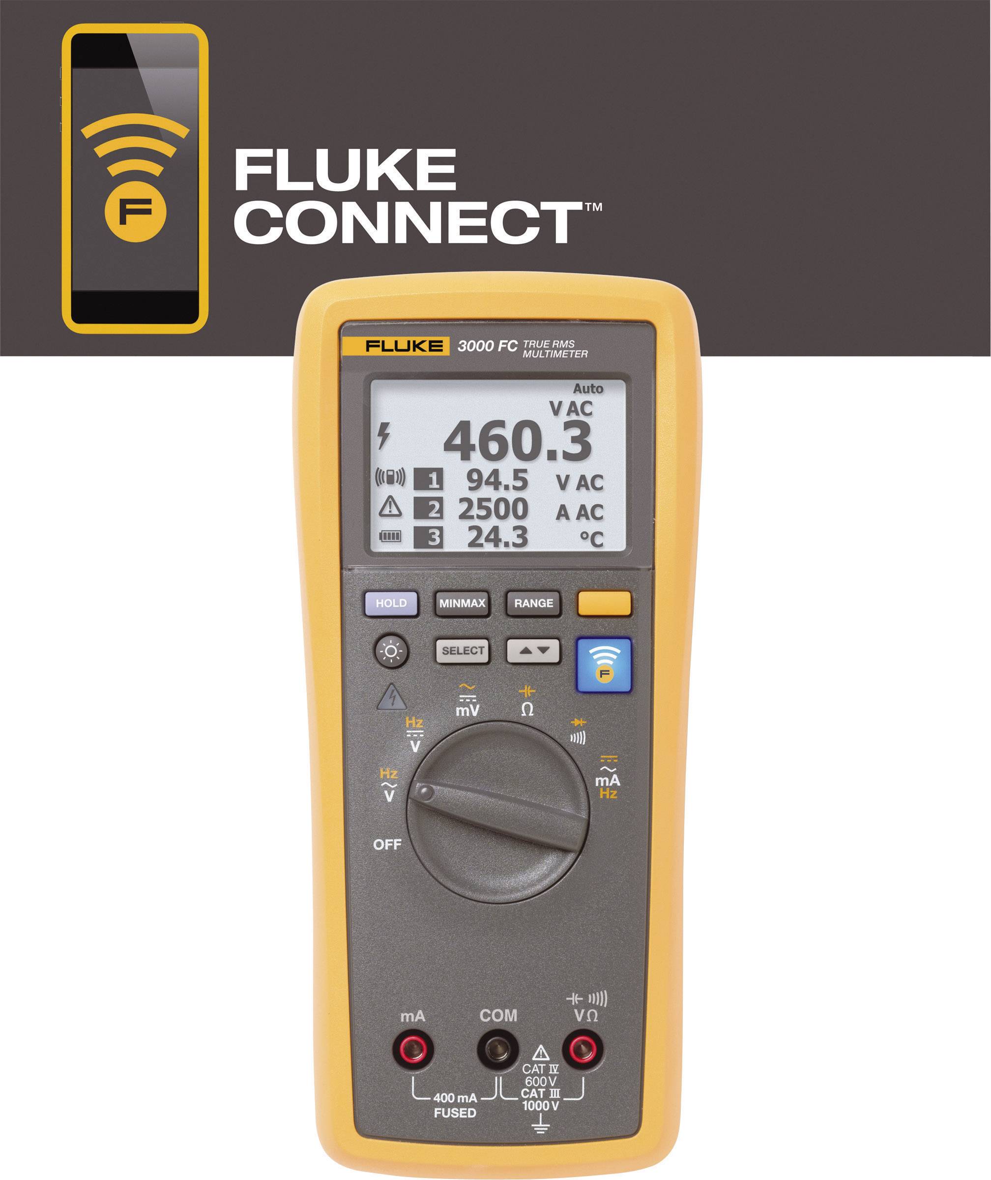 Ein digitales Multimeter zeigt Messungen von Spannung, Stromstärke und Frequenz. Oben links steht 'Fluke Connect'.