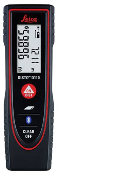 Leica DISTO D110 Handlaser-Entfernungsmesser mit 96,865 auf dem Display, ausgestattet mit Bedienungstasten für Messung, Bluetooth und Stromversorgung.