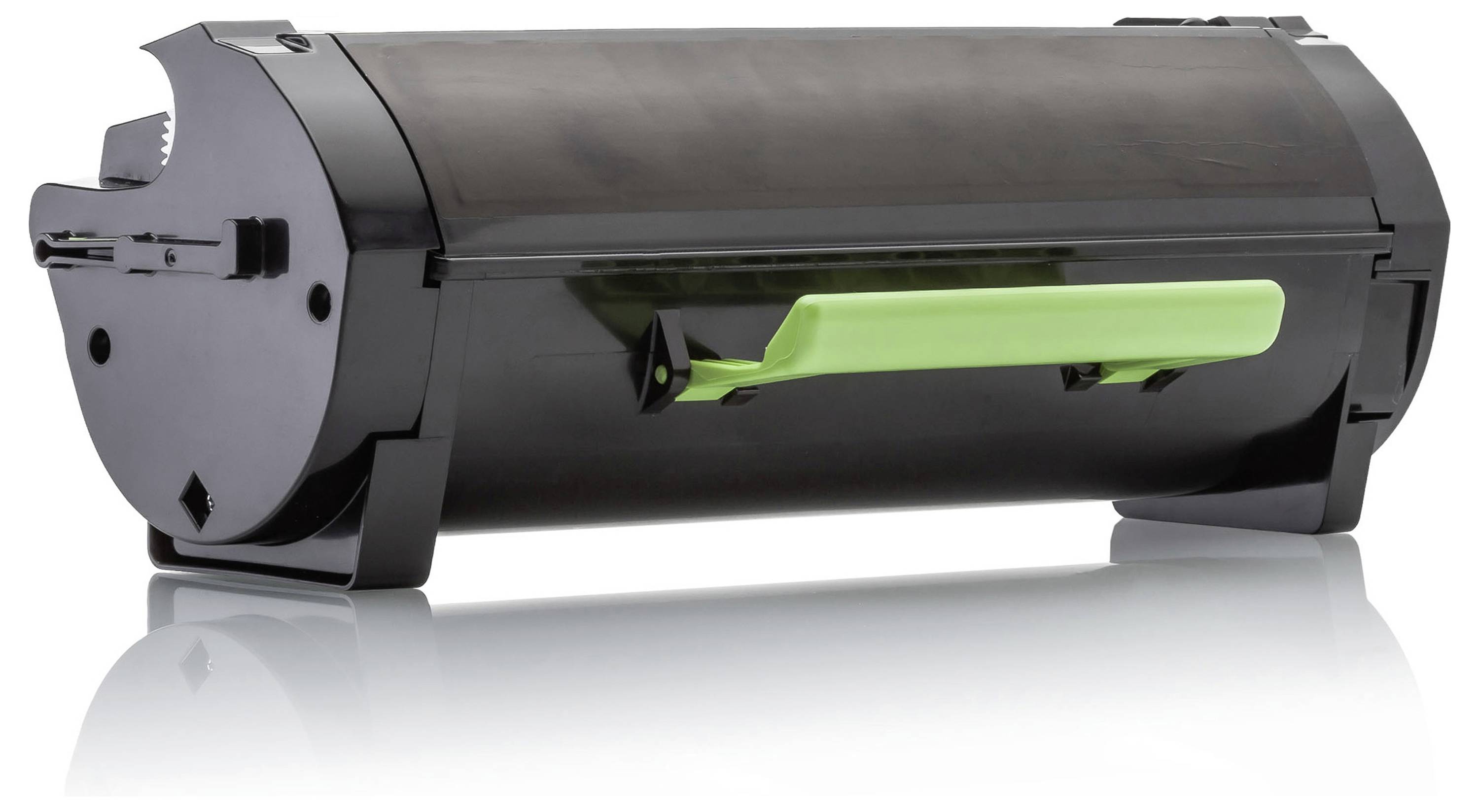 Schwarze Laserdruckertoner-Patrone mit grünem Griff, isoliert auf weißem Hintergrund dargestellt