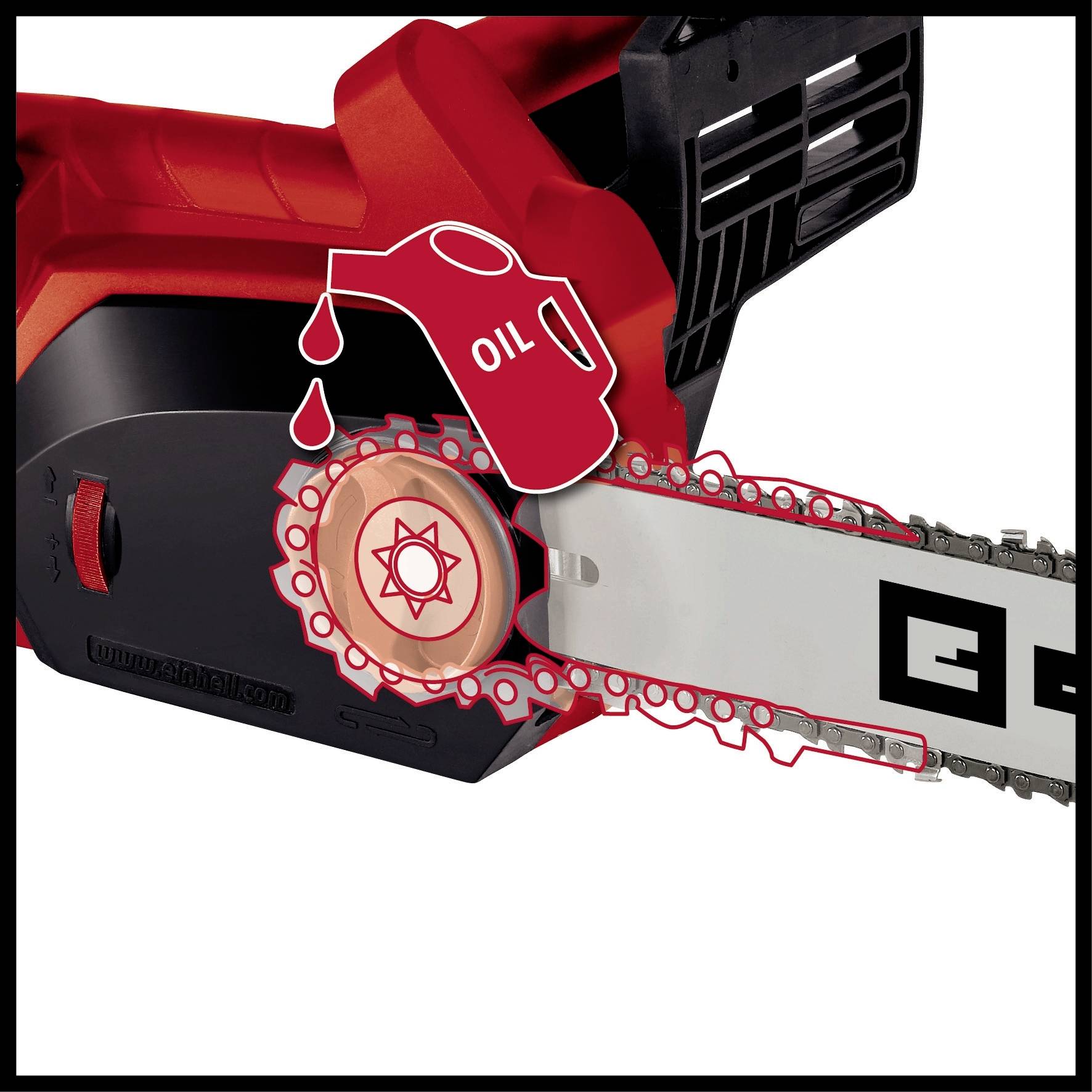 Eine rote Kettensäge mit einem Symbol, das Öl auf die Kette zeigt. Der Fokus liegt auf der Schmierung der Kette für optimalen Betrieb.