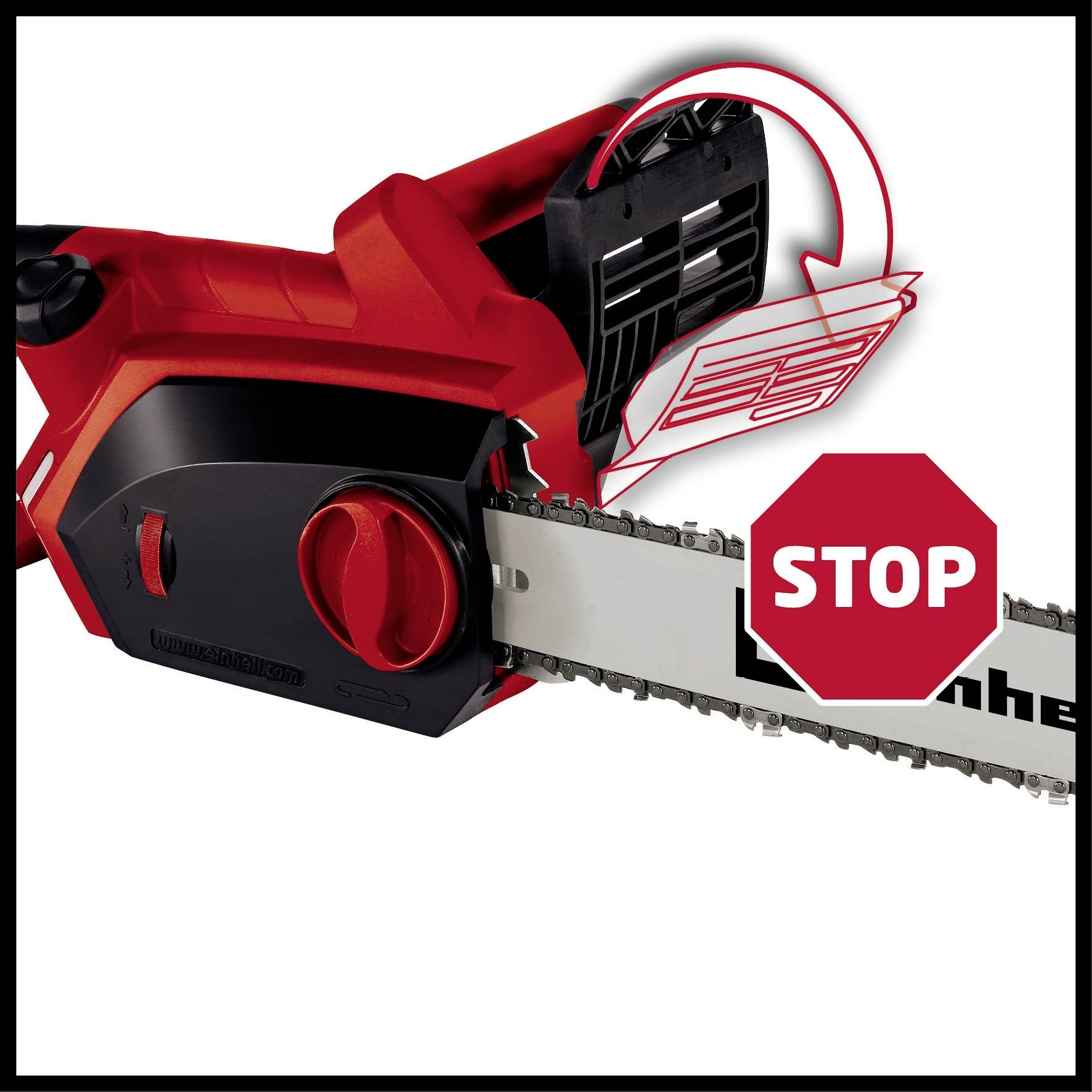 Kettensäge mit rotem Gehäuse und schwarzem Griff. Ein rotes Stoppschild über der Kette signalisiert, den Betrieb zu stoppen.