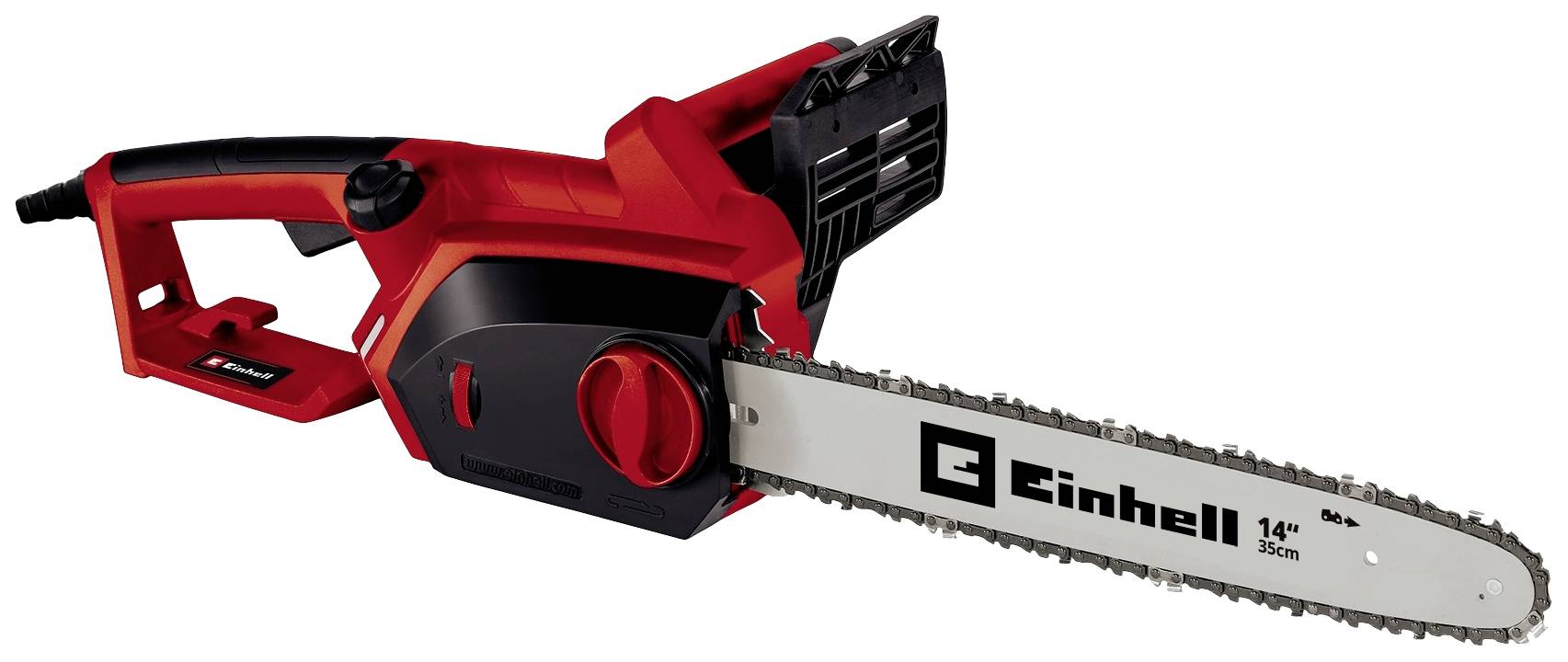 Eine rote und schwarze Elektrokettensäge mit einer 35 cm langen Kette der Marke Einhell. Geeignet für Holzarbeiten und Schneidprojekte.