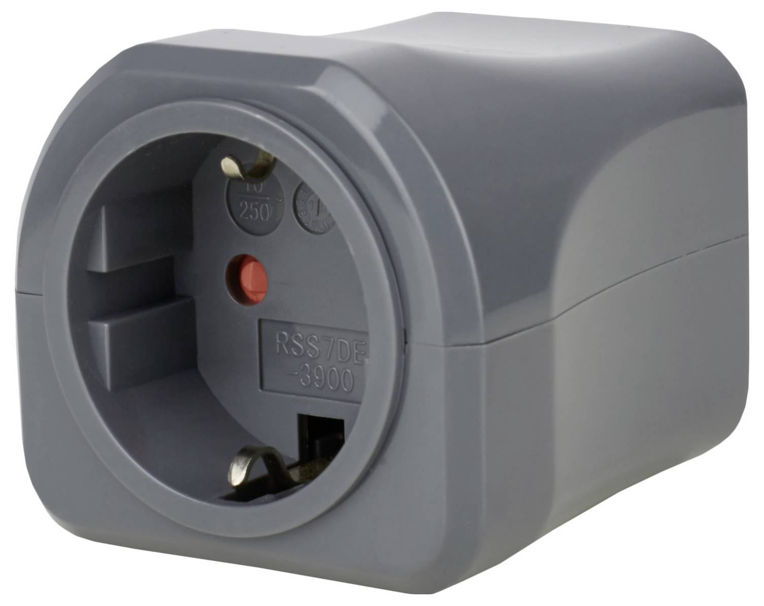 Grauer Elektrosteckeradapter mit einer kreisförmigen vertieften Buchse und sichtbaren Metallkontakten auf weißem Hintergrund.