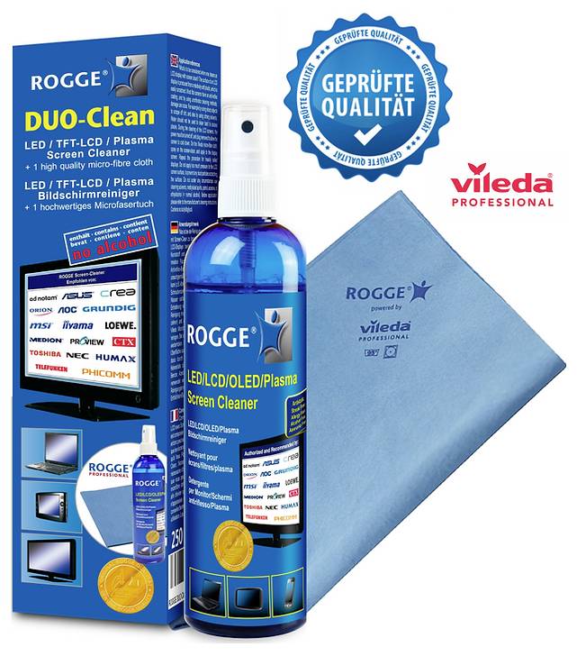 ROGGE DUO-Clean Bildschirmreiniger-Set mit blauer Sprühflasche und Tuch. Geeignet für LED, TFT-LCD, Plasma. Enthält kein Alkohol.