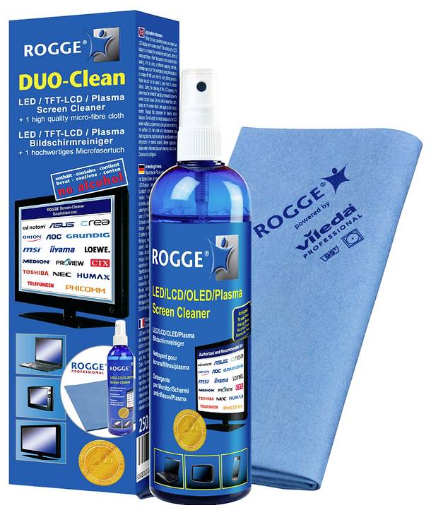 'ROGGE DUO-Clean LED/LCD/Plasma Bildschirmreiniger' enthält eine Flasche Reinigungslösung und ein blaues Mikrofasertuch.