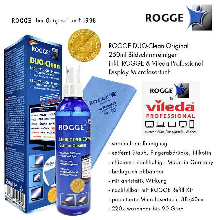 ROGGE DUO-Clean Bildschirmreiniger Produktverpackung mit Mikrofasertuch. Highlights umfassen streifenfreie Reinigung von Bildschirmen, effizient gegen Staub und Verschmutzungen, 250ml Flasche, kompatibel mit ROGGE Nachfüllset.