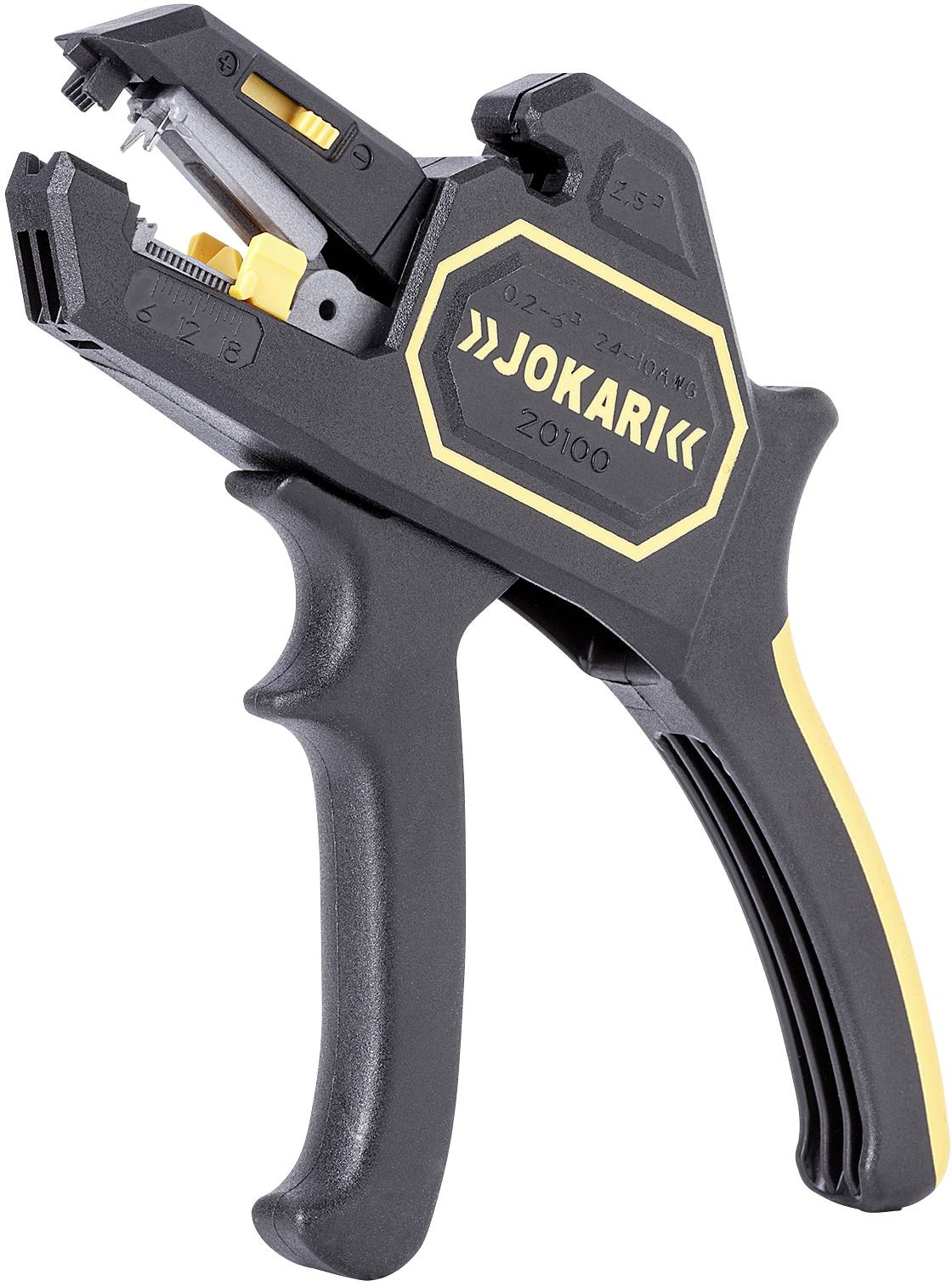 Ein schwarzer Jokari-Abisolierer mit gelbem Akzent. Er hat einen ergonomischen Griff und ist für das Abisolieren von Kabeln ausgelegt.